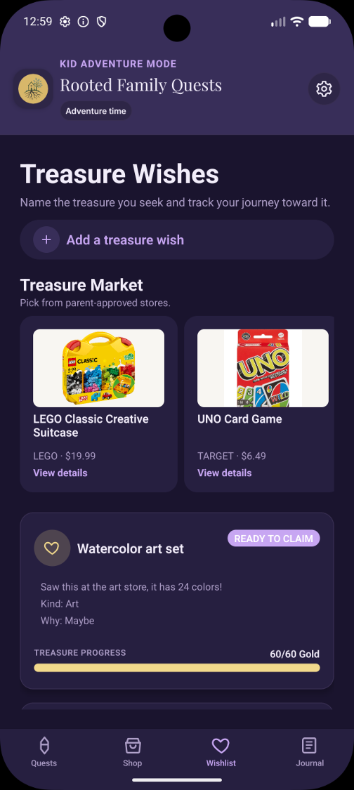 Kids reward chart screen showing points saved toward a parent-approved wishlist item