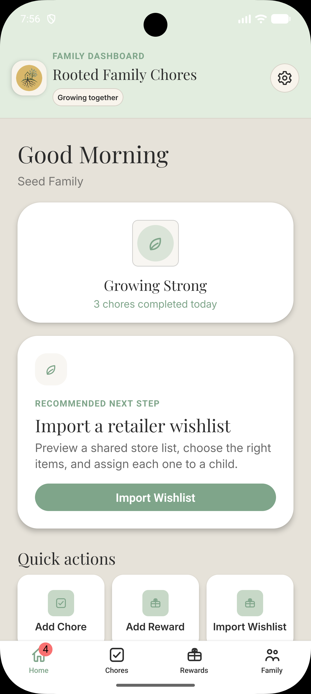 Rooted Family parent dashboard screenshot